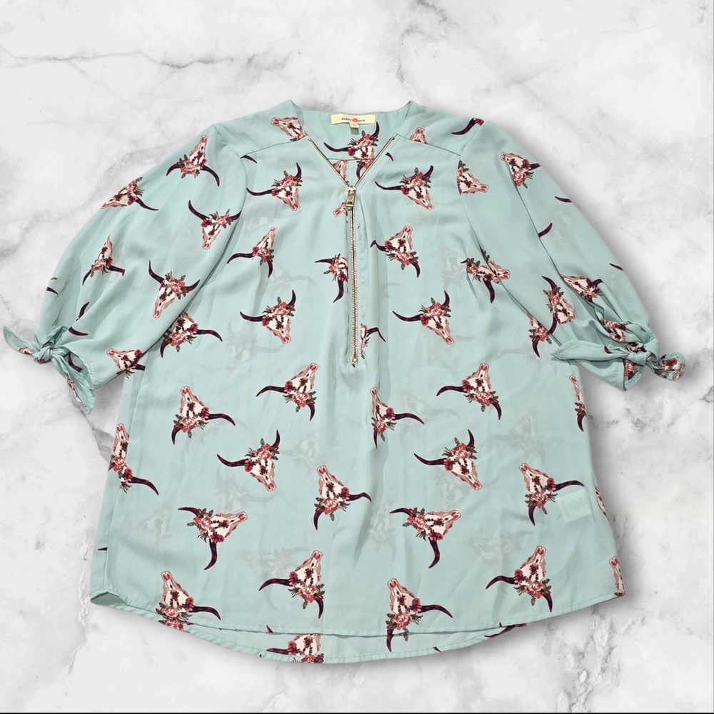 Wishful Park Floral Longhorn Pattern Blouse with Zipper Size Large (L) C14